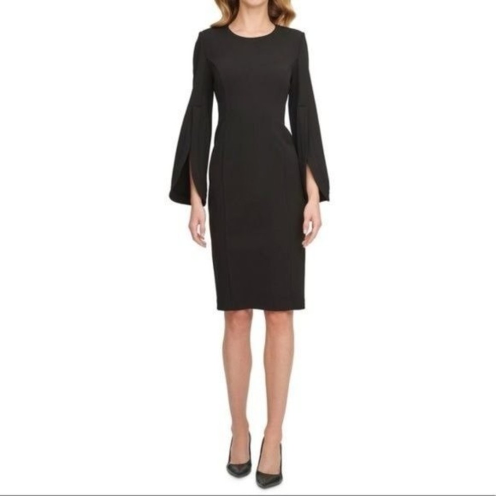 NWT $134 Calvin Klein Sz 10 Black Evening Wear Slit Sleeve Sheath Dress